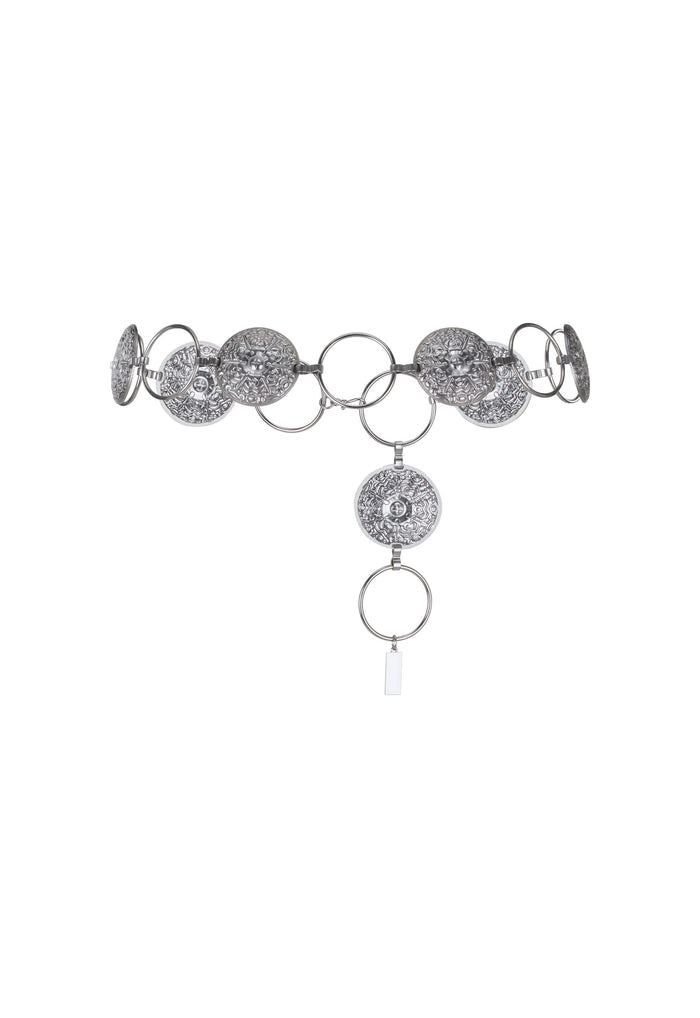 Flat lay of silver Rebel Road Belt showing engraved medallions linked by rings with Spell tab drop detail