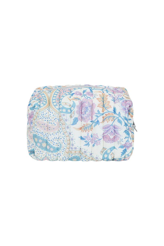 Spell Renew Quilted Medium Make Up Bag in Belladonna Light Pastel, blue floral organic cotton deadstock fabric