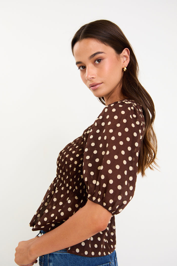 Requite Chocolate Polka Dot Shirred Body SS Top