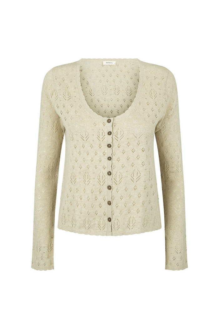 Rhodes Knit Cardigan flat lay front view showing pointelle knit, scallop edges and coconut buttons in sand