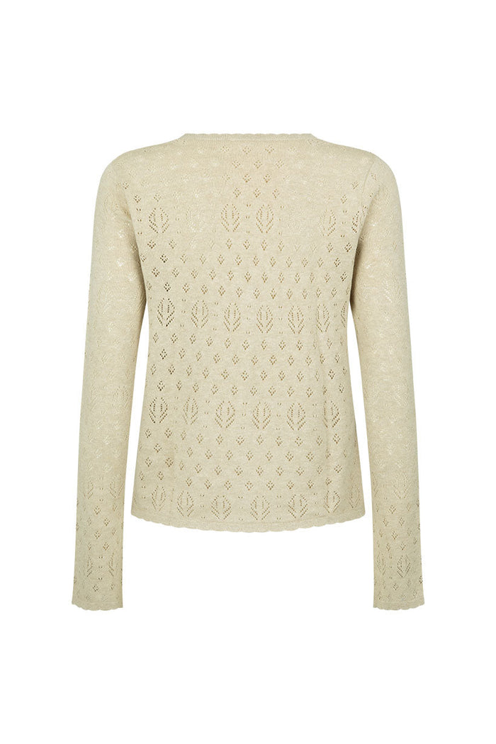 Rhodes Knit Cardigan in Sand, back flat lay showing pointelle knit pattern and scallop edge detail