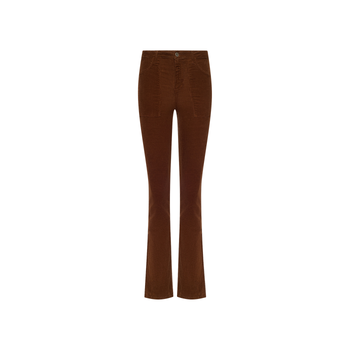 The Saffia Corduroy Pant features a high-rise silhouette in brown stretch corduroy with front pockets and slightly flared legs, displayed on a white background.