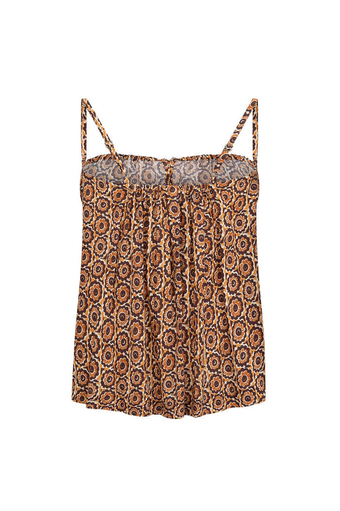 Brown multi floral cami top flat lay, back view showing adjustable straps and elastic back detail