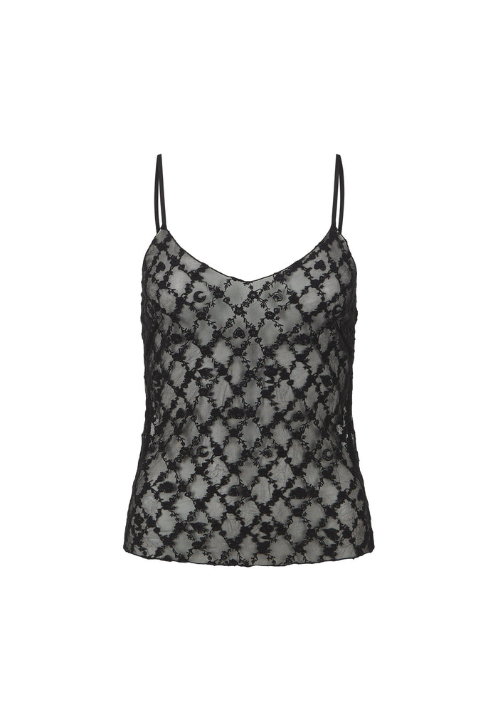 A black and gray snakeskin-patterned lace camisole top with thin spaghetti straps, shown against a plain white background.