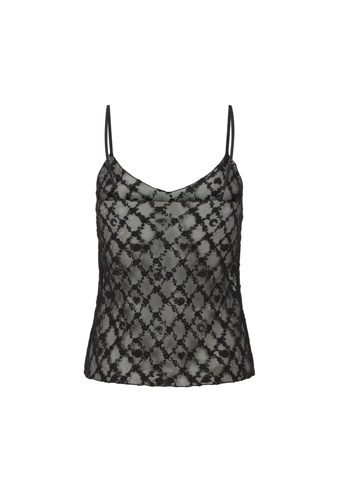 A black and gray patterned lace camisole top with thin spaghetti straps, displayed against a solid white background.