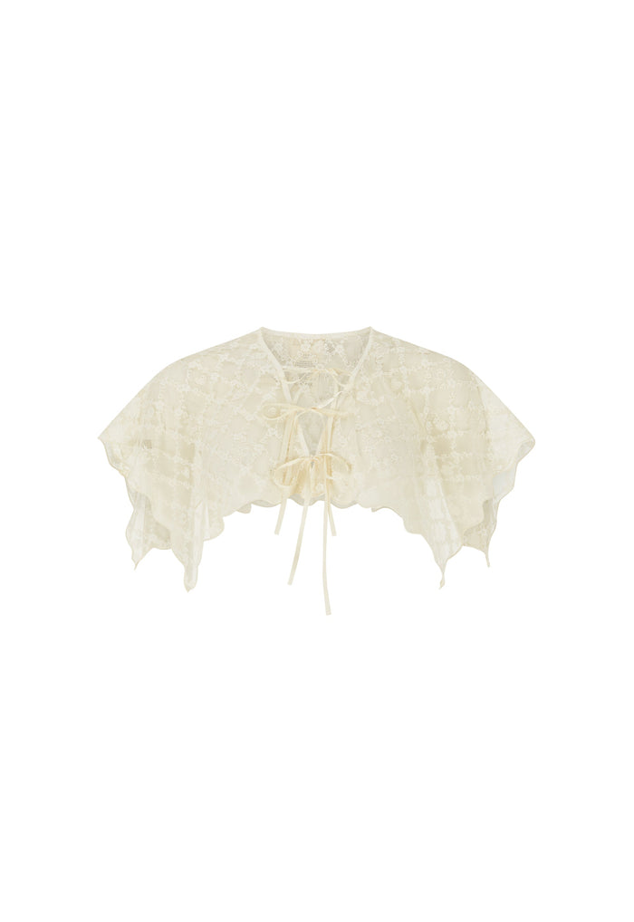 An ivory lace bolero capelet with a lace-up front and ruffled edges, displayed flat against a solid white background.