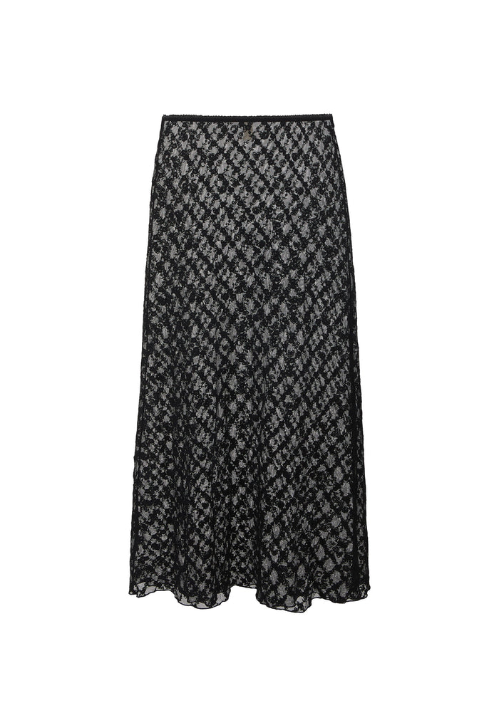 A black lace midi skirt with an intricate repeating floral pattern, displayed against a solid white background.