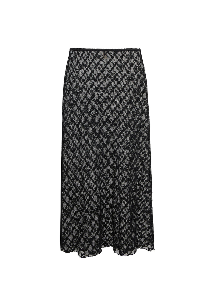 A black midi skirt with a textured, semi-sheer floral lace pattern, shown flat against a solid white background.
