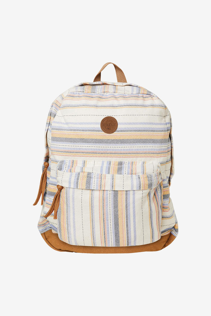 Striped backpack with brown accents on a white background