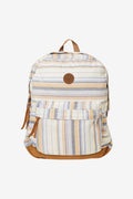 Striped backpack with brown accents on a white background