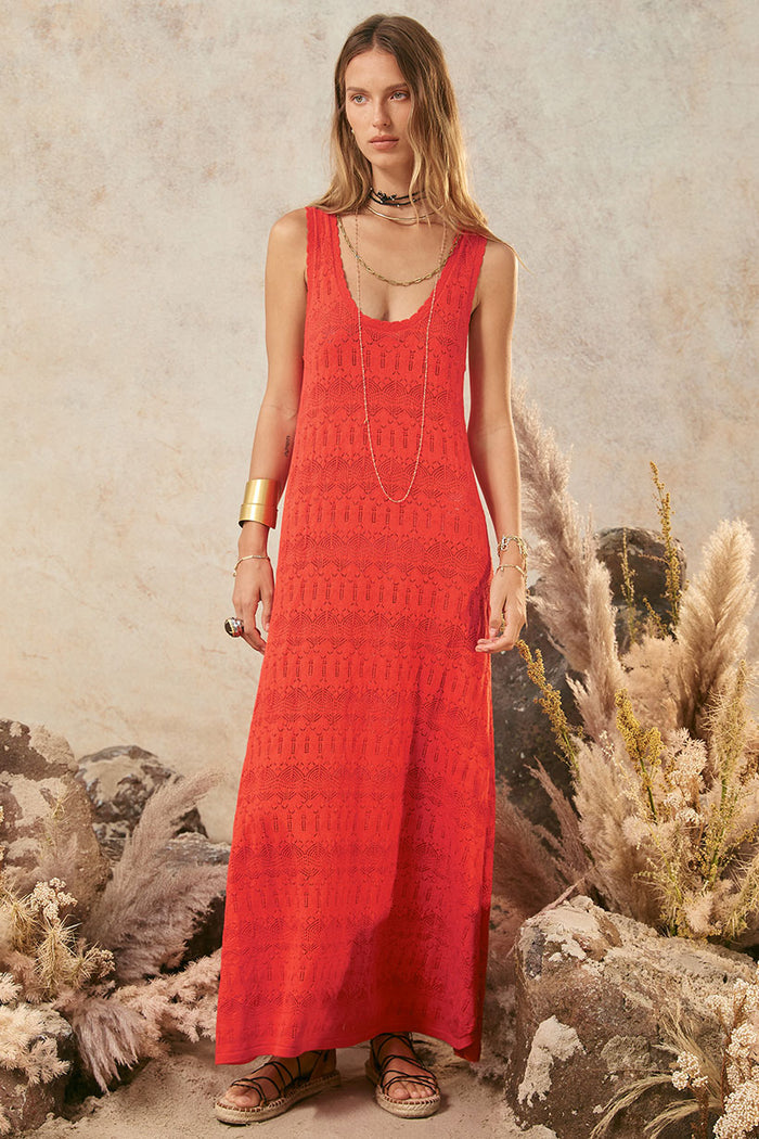 Spell women's Siesta Maxi Dress in Chilli red pointelle knit with scallop neck, floor-length silhouette