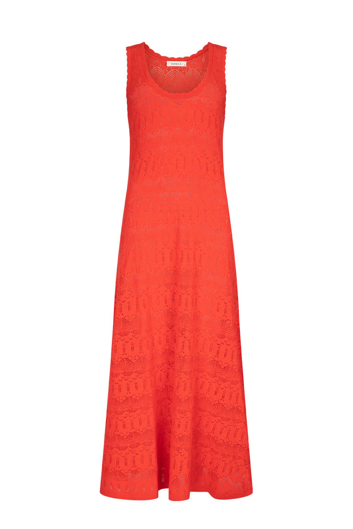 Front flat lay of chilli red pointelle knit maxi dress with scallop neck edge and flared hem
