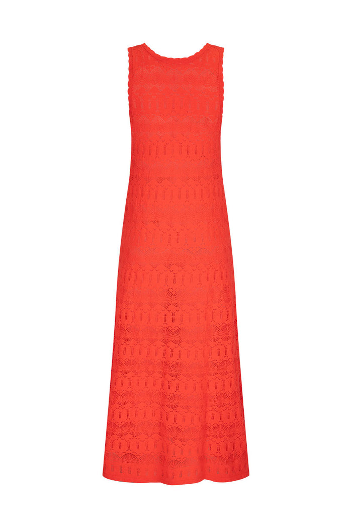 Chilli red Siesta Maxi Dress flat lay back view, pointelle knit pattern with scallop-edge neckline