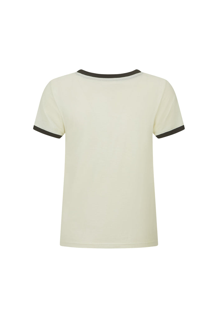 A short-sleeve ringer t-shirt in cream with black trim on the collar and sleeve cuffs, shown against a plain white background.