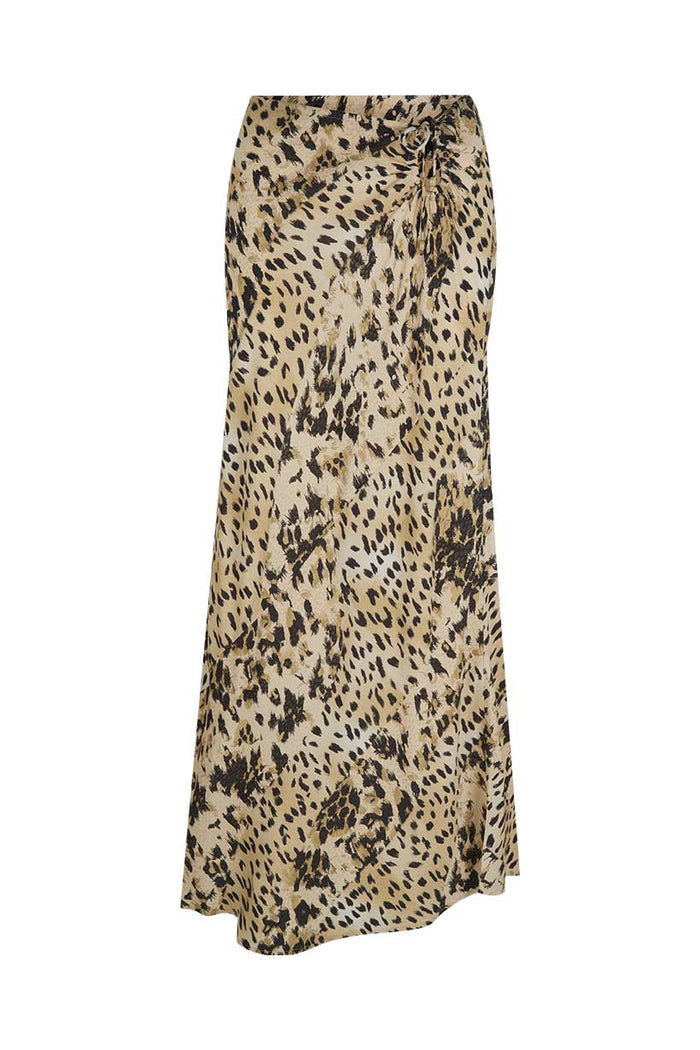 Snow Leopard Bias Maxi Skirt flat lay, animal print ECOVERO viscose, drawcord waist, bias-cut silhouette