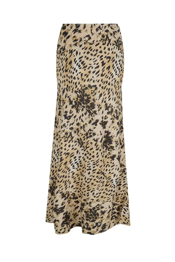 Back flat lay of Snow Leopard Bias Maxi Skirt, animal print ECOVERO viscose, elastic waist, white background