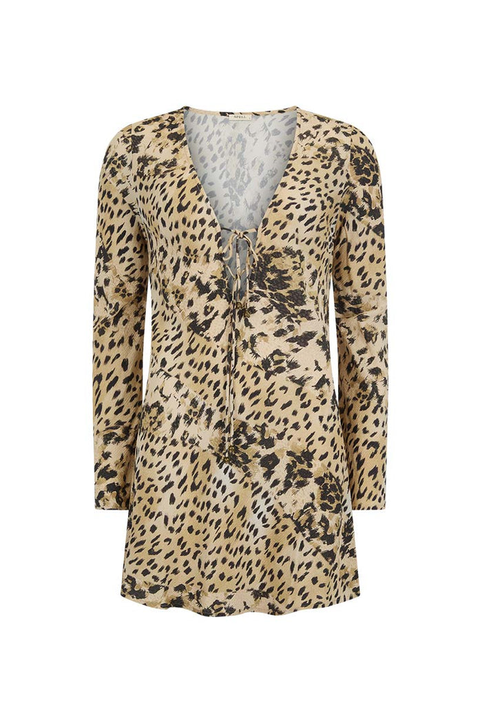 Snow Leopard Bias Mini Dress flat lay front view, lace-up V-neckline, long sleeves, ECOVERO viscose