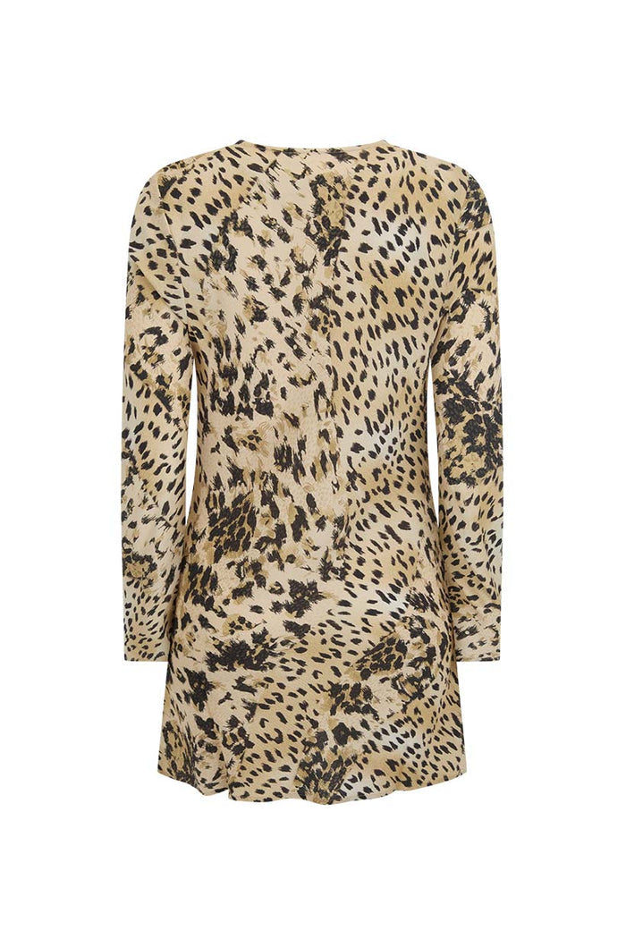Back flat lay of Snow Leopard Bias Mini Dress, allover animal print, long sleeves, bias-cut hem on white background