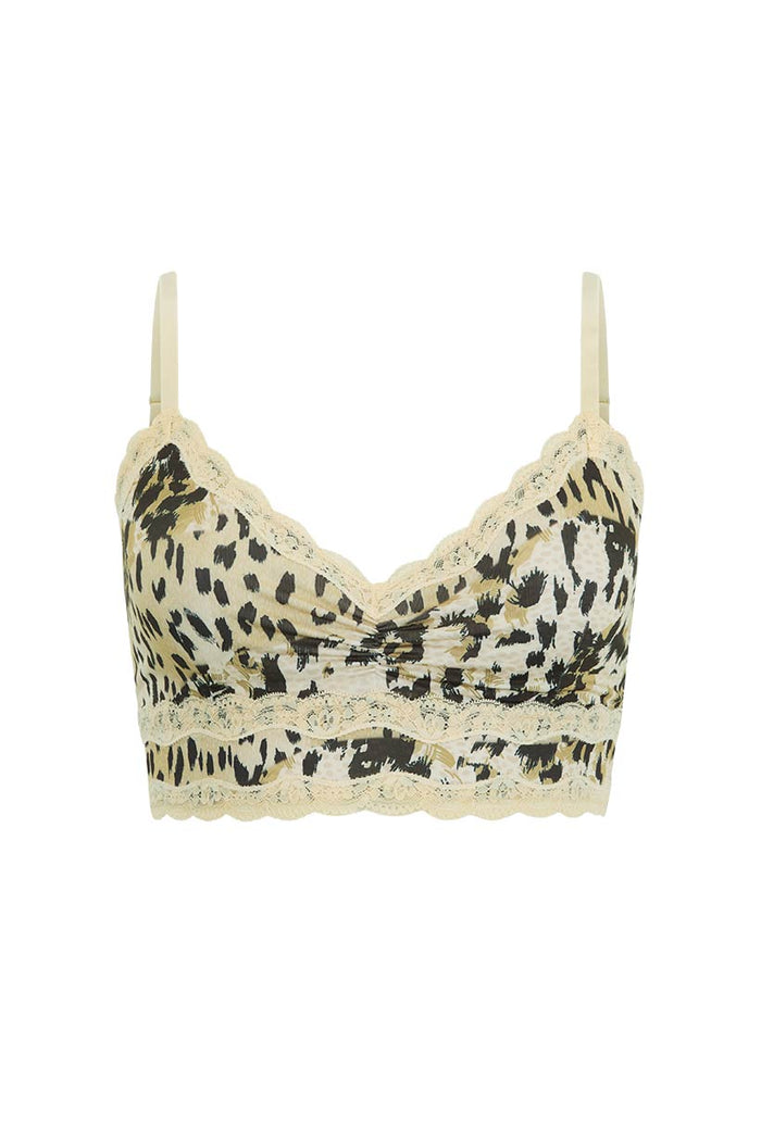 Spell women's Snow Leopard Lace Bralette in cream and brown animal print with contrast lace trim