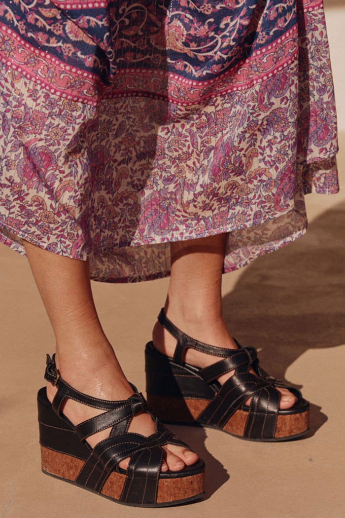 Spell women's Starlet Wedge in Onyx black leather strappy sandals with cork wedge sole and contrast topstitching