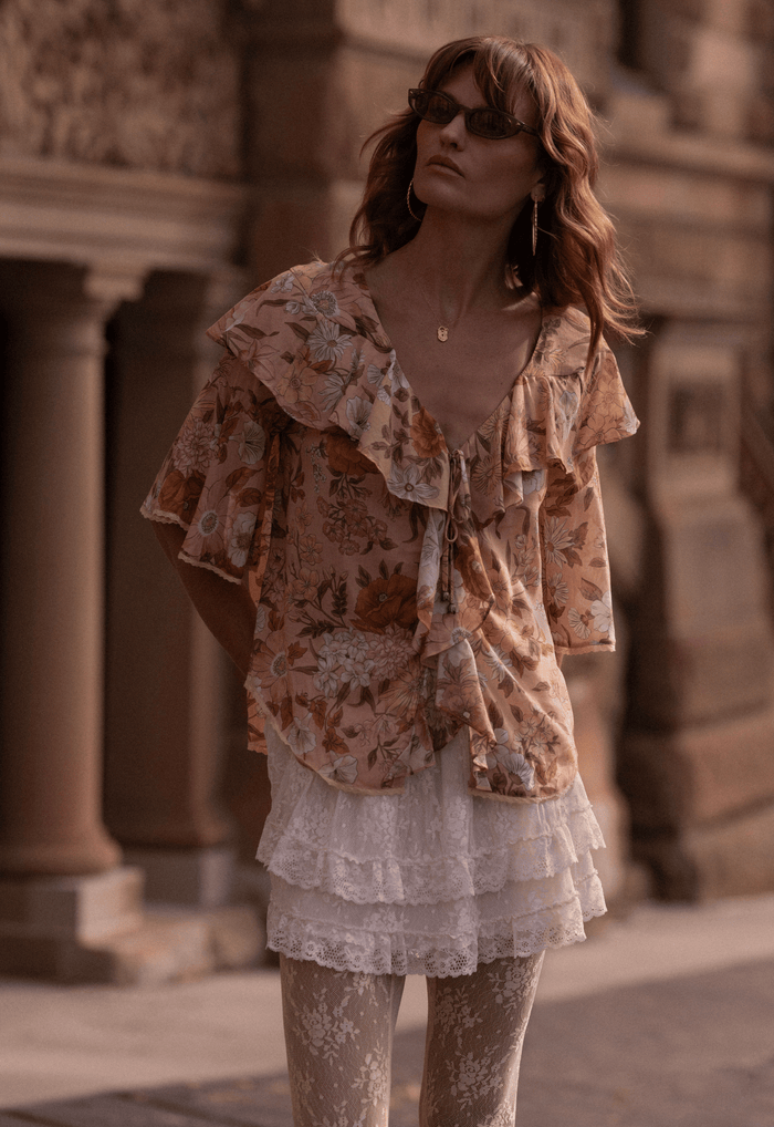 Spell women's Stealing Beauty Short Sleeve Blouse in Rose Quartz floral organic cotton blend with ruffle neckline