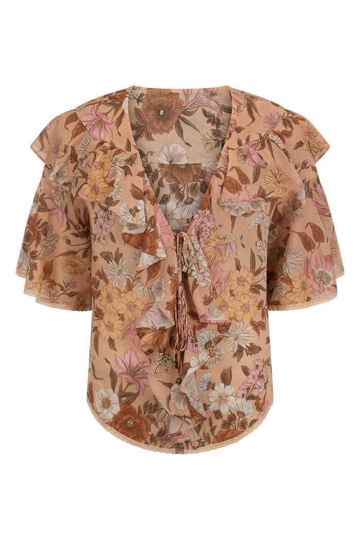 Stealing Beauty blouse flat lay, front view showing ruffle neckline, front ties, lace trim and floral print