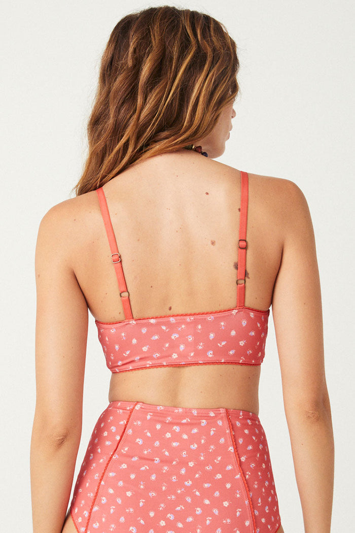Back view of Sunshine Bandit Bralette in Cayenne showing adjustable straps and floral print