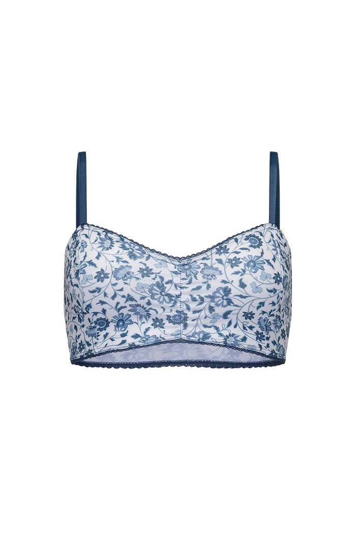 Sunshine Bandit Bralette in Chambray, front view on white background, blue floral print with lace border trim