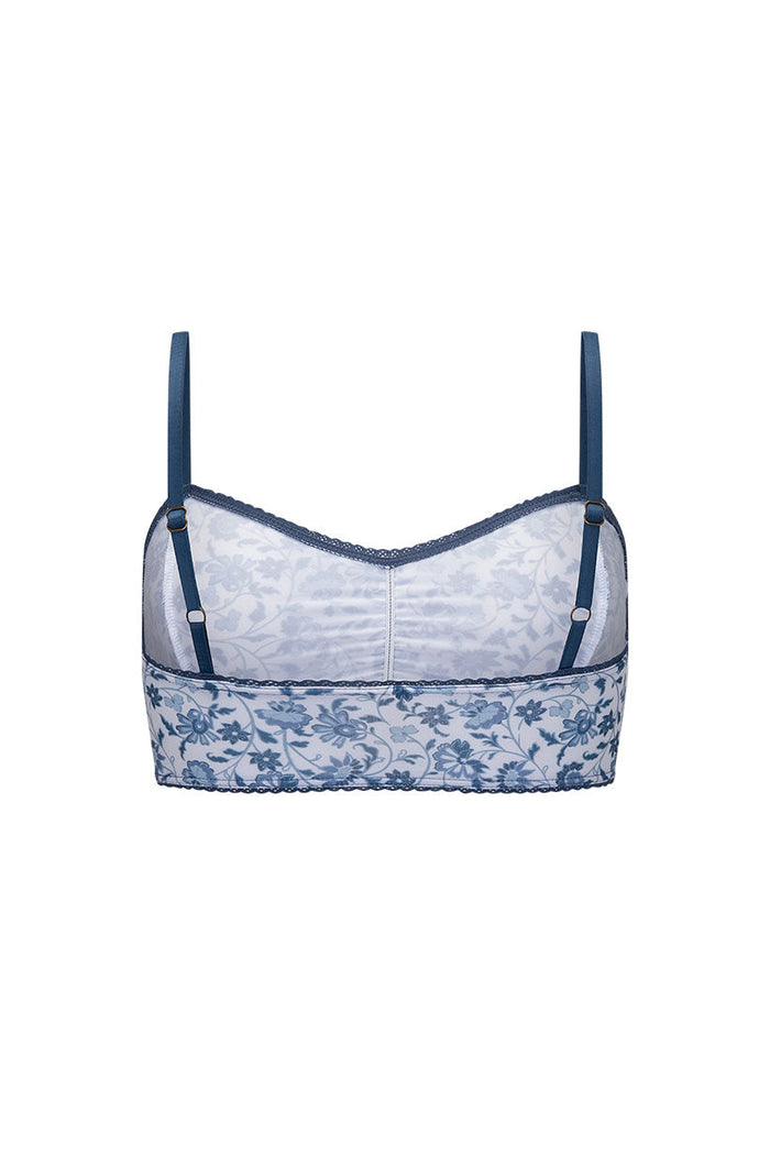 Back view of Sunshine Bandit Bralette in chambray, showing floral embroidery, lace border trim, and adjustable straps