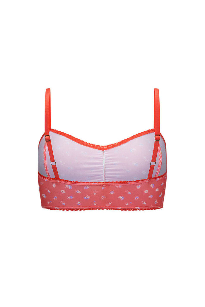 Back view flat lay of Sunshine Bandit Bralette in Cayenne with floral print band and lace border trim