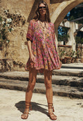Spell women's Swan Lake Mini Dress Lilac Rose floral ECOVERO viscose with V-neckline and button placket