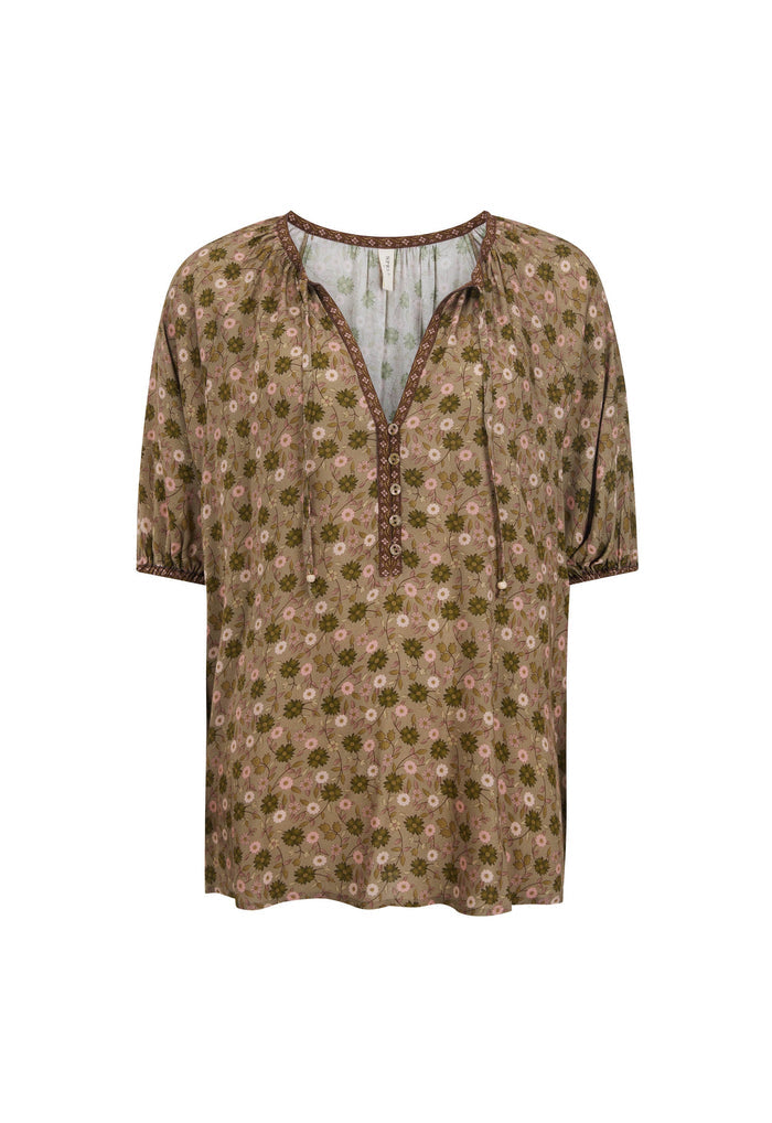 Sage floral ECOVERO viscose blouse flat lay, front view showing button placket and contrast border trim