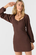 Tegan Smocked Knit Long Sleeve Mini Dress - Chocolate | O'Neill