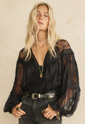 Spell women's Teodora Lace Blouse in Black Lotus, recycled nylon lace with pintucks and balloon sleeves
