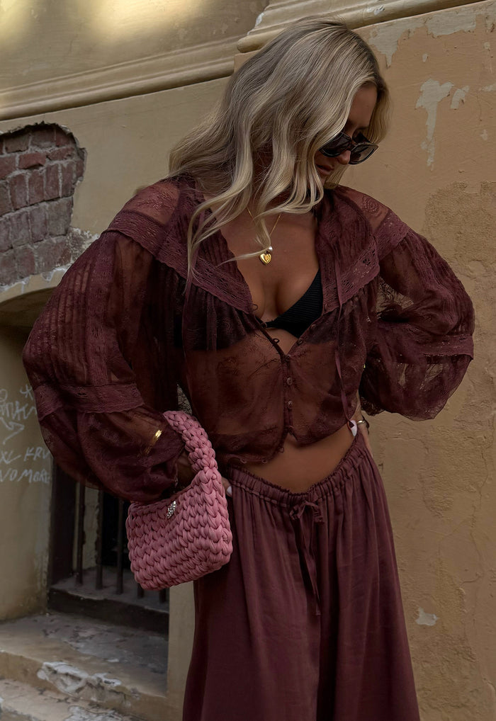 Spell women's Teodora Lace Blouse in Fudge, recycled nylon lace with pintucks and raglan sleeves, styled front view