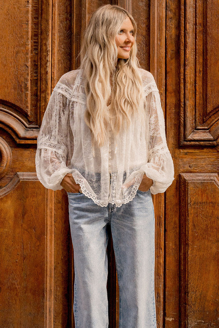 Teodora Lace Blouse Sea Salt flat lay, front view showing pintuck detail, lace inserts, scallop hem, and button centre front