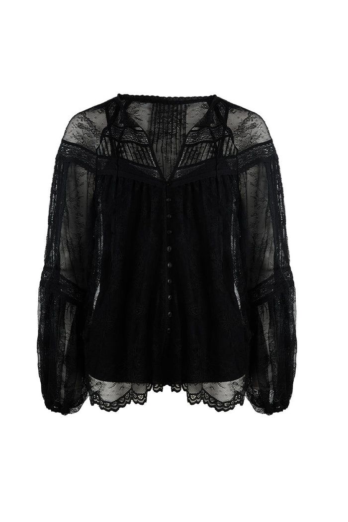 Black lace blouse flat lay showing scallop hem, pintucks, lace inserts, button front, and sheer balloon sleeves