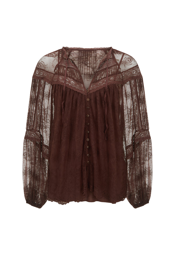Teodora Lace Blouse in Fudge, front flat lay showing lace sleeves, pintucks, button front, and neck ties on white background