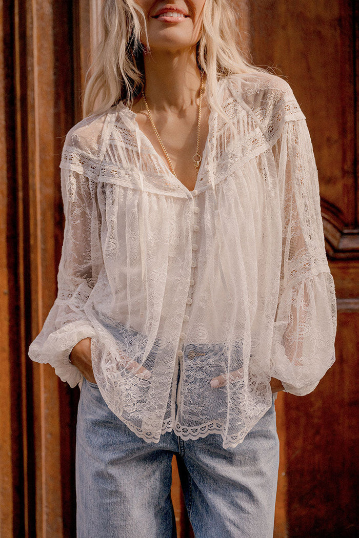 Teodora Lace Blouse in Sea Salt, front view flat lay showing scalloped lace hem, pintucks, and button placket
