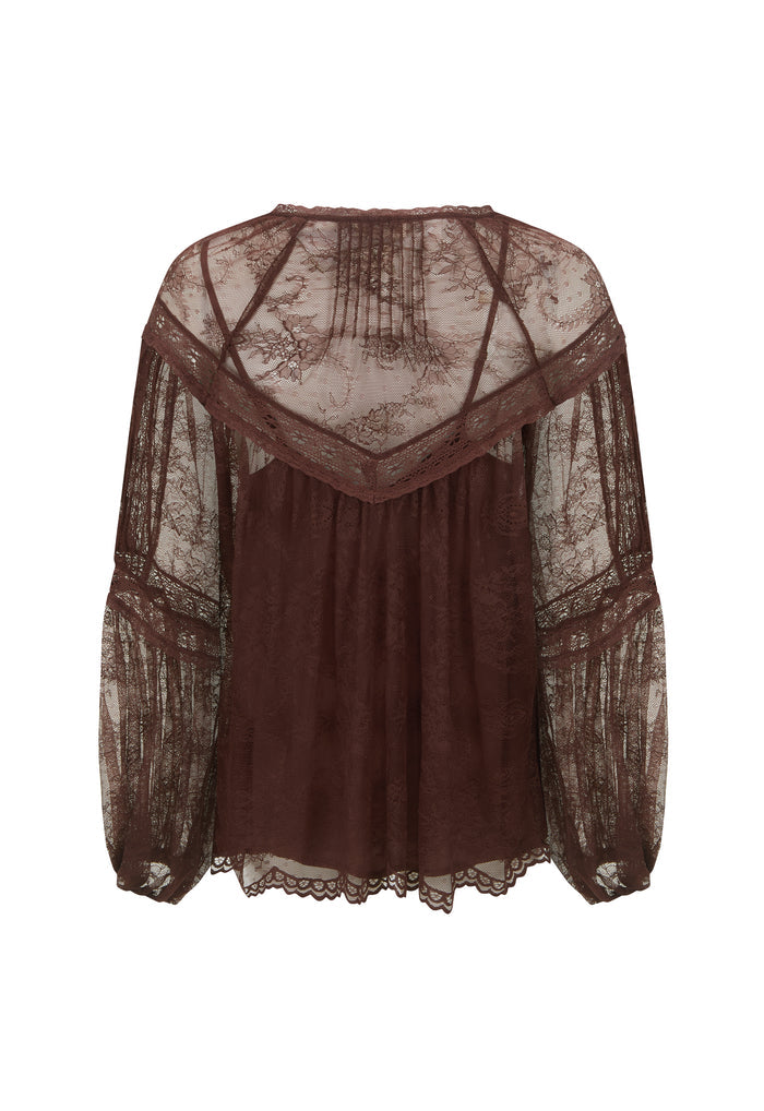Teodora Lace Blouse in Fudge, back flat lay showing pintucks, lace inserts, raglan sleeves and scallop hem