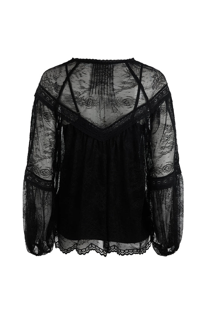 Teodora Lace Blouse back flat lay showing scallop hem, lace inserts, pintucks, and balloon sleeves with elastic cuffs