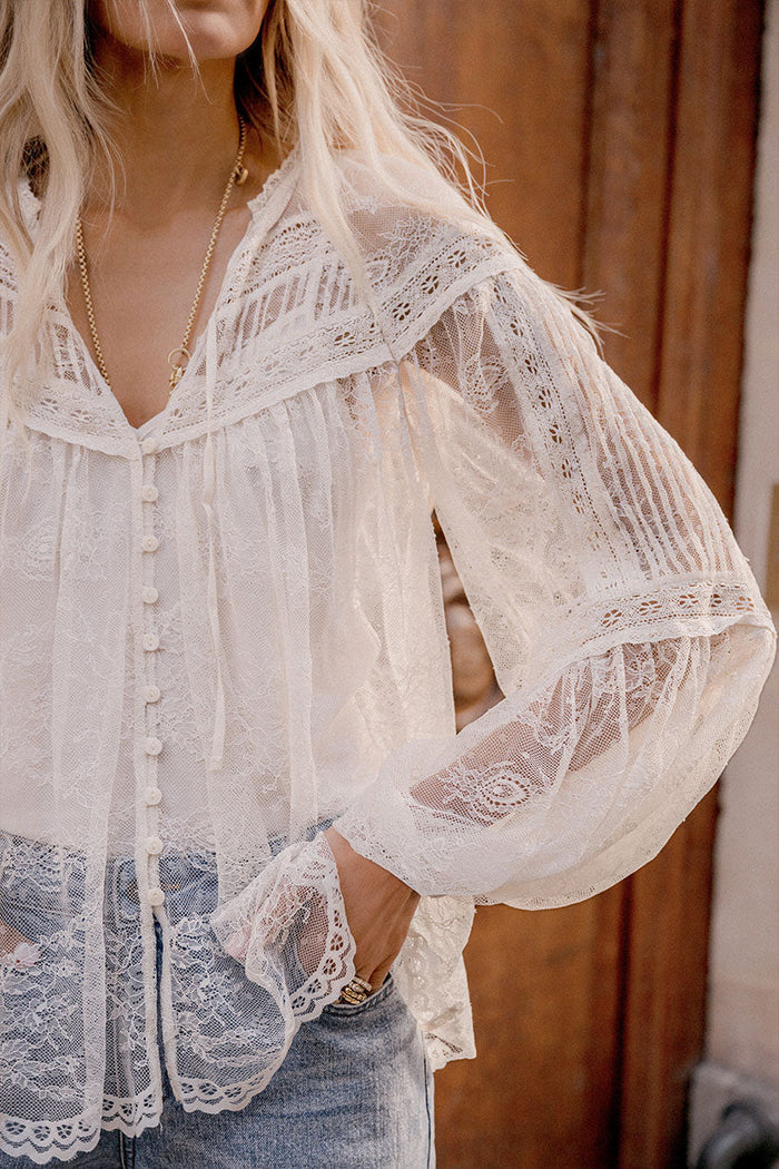 Teodora Lace Blouse Sea Salt, close-up showing pintuck detail, lace inserts, button front, and ruffled elastic cuff