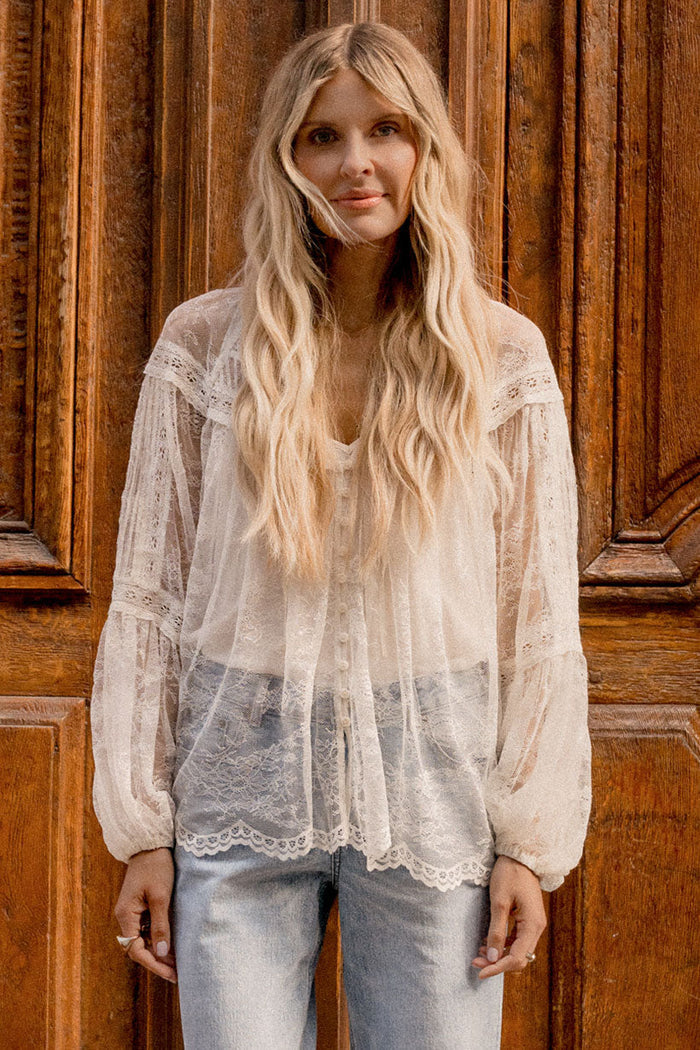 Teodora Lace Blouse in Sea Salt, front view flat lay showing scallop hem, pintucks, and button centre front