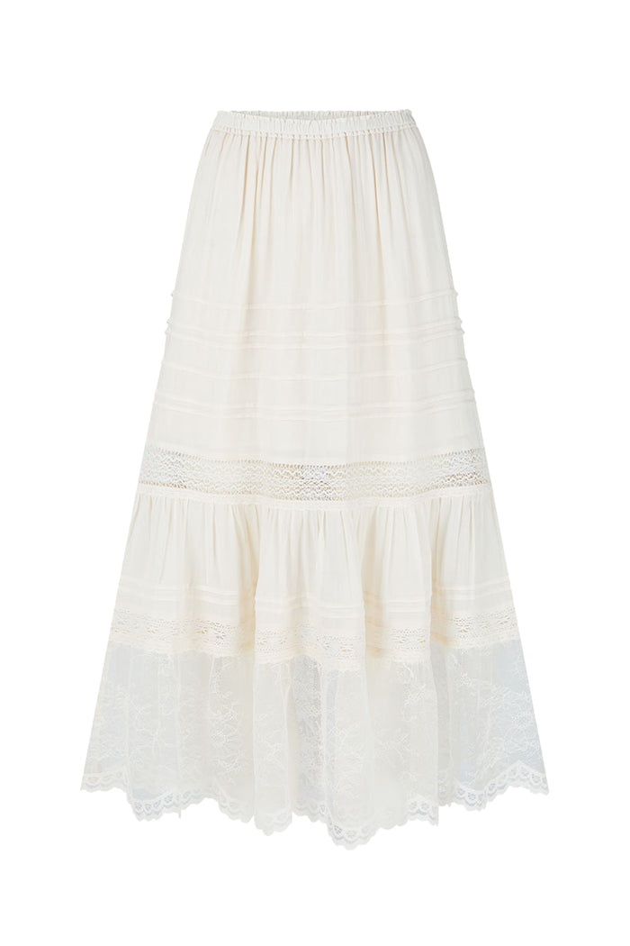 Teodora Lace Midi Skirt flat lay, front view, elastic waist, pintucks, crochet and lace inserts, scallop hem, sea salt