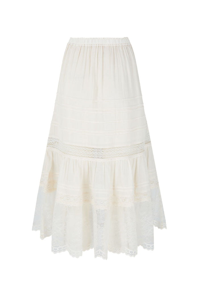 Teodora Lace Midi Skirt in Sea Salt, back flat lay showing lace tiers, pintucks, and scalloped hem on white background