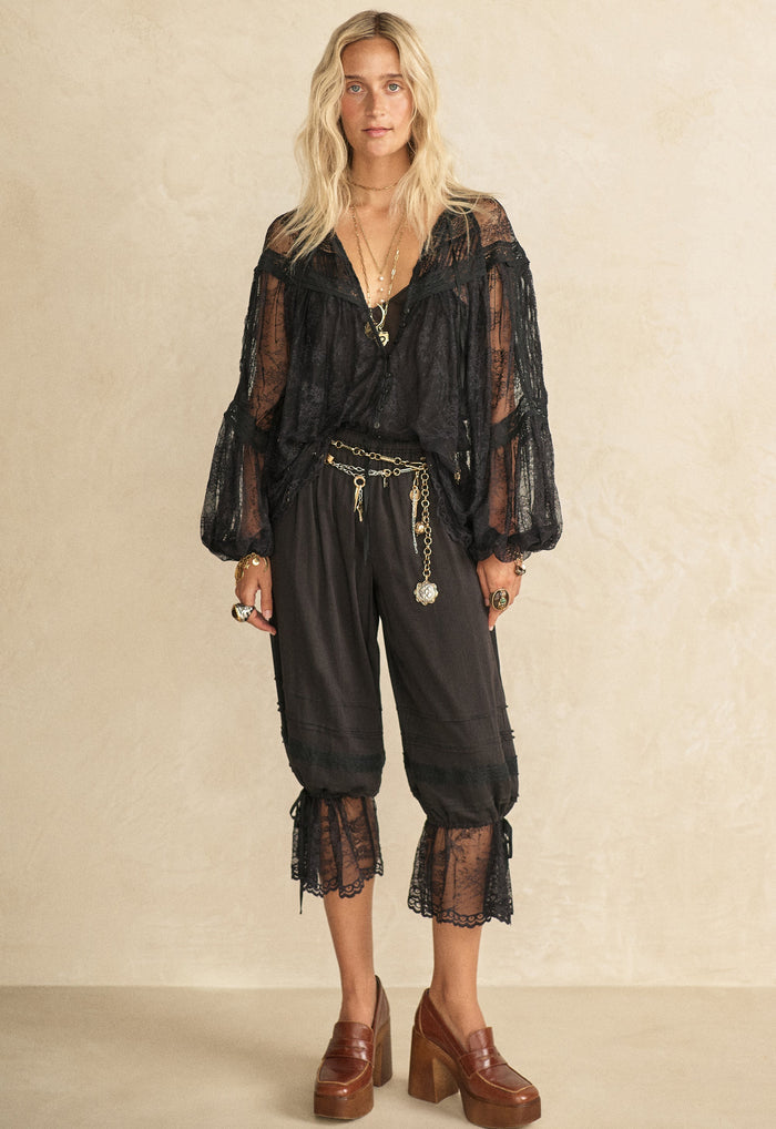 Spell women's Teodora Lace Pantaloon in black ECOVERO viscose organic cotton with lace hem and pintucks