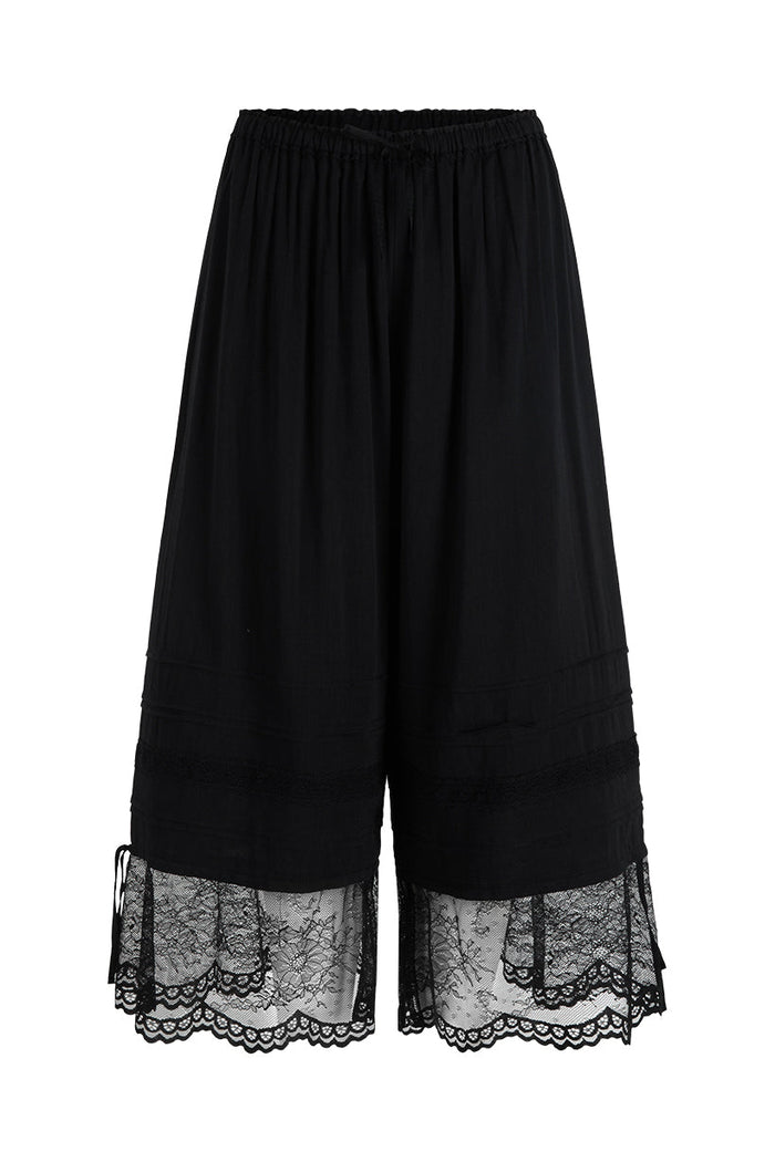Black Teodora Lace Pantaloon flat lay, front view showing floral lace hem, pintucks, and self-tie leg details
