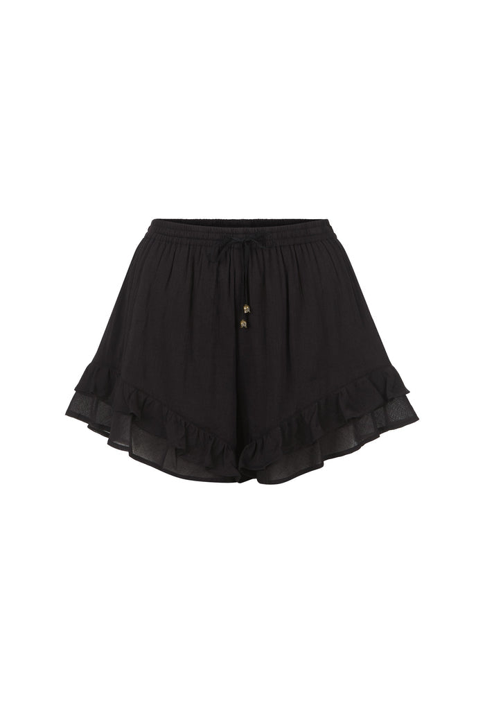 Black ruffled mini shorts with a drawstring waist and small decorative gold buttons, shown against a plain white background.