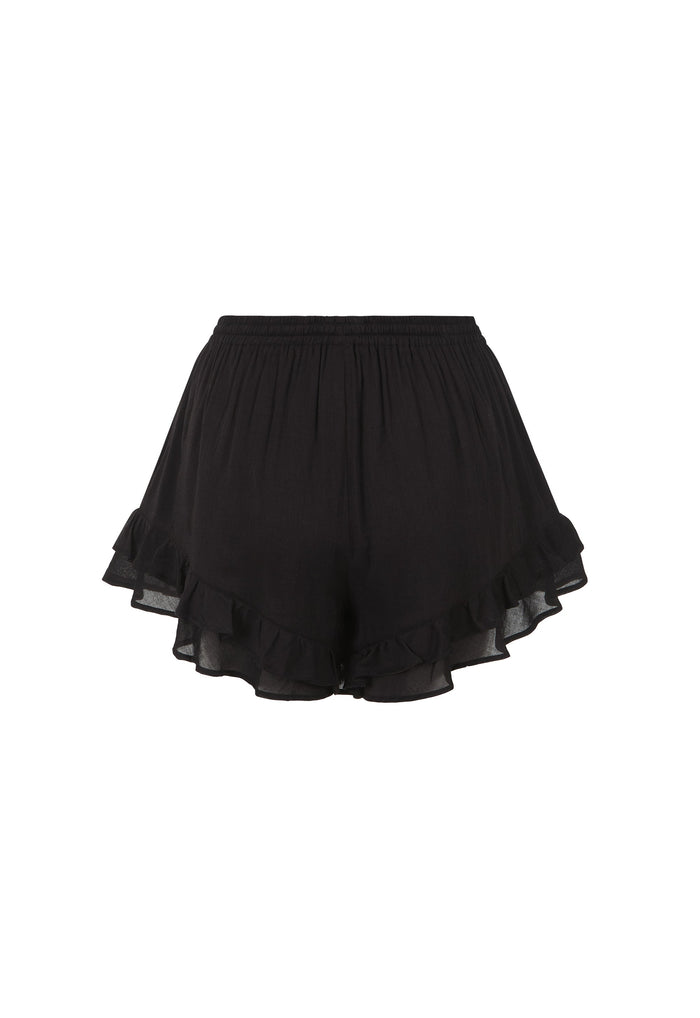 Black ruffled mini skirt with an elastic waistband, shown against a plain white background.