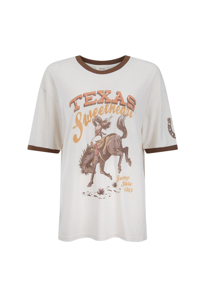 Texas Sweetheart Oversized Tee flat lay, cream hemp-organic cotton with brown contrast rib, western graphic front